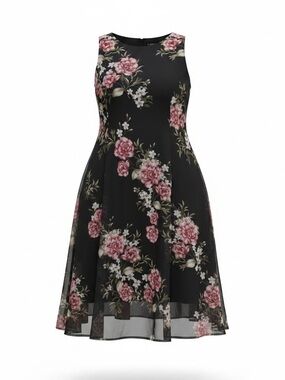 Torrid Floral Chiffon Illusion Hem Fit & Flare Midi Dress Black Pink Size 1